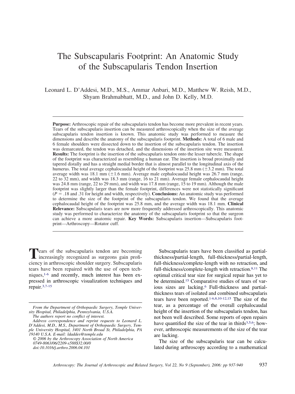 The Subscapularis Footprint: an Anatomic Study of the Subscapularis Tendon Insertion