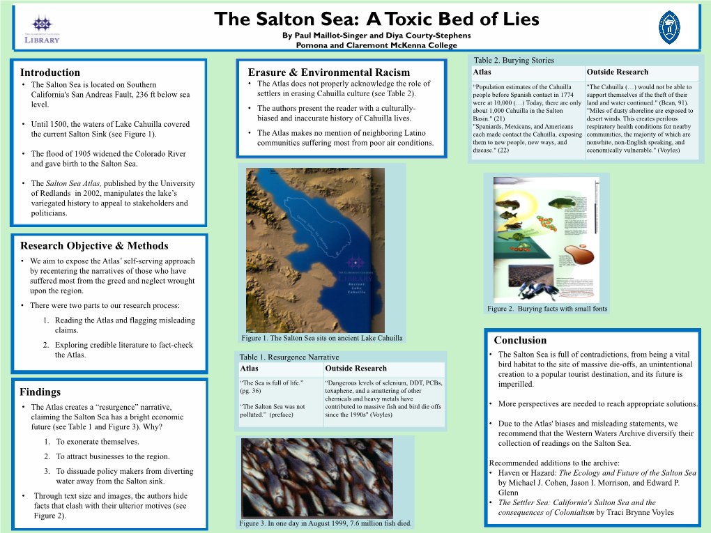 The Salton Sea: a Toxic Bed of Lies by Paul Maillot-Singer and Diya Courty-Stephens Pomona and Claremont Mckenna College Table 2
