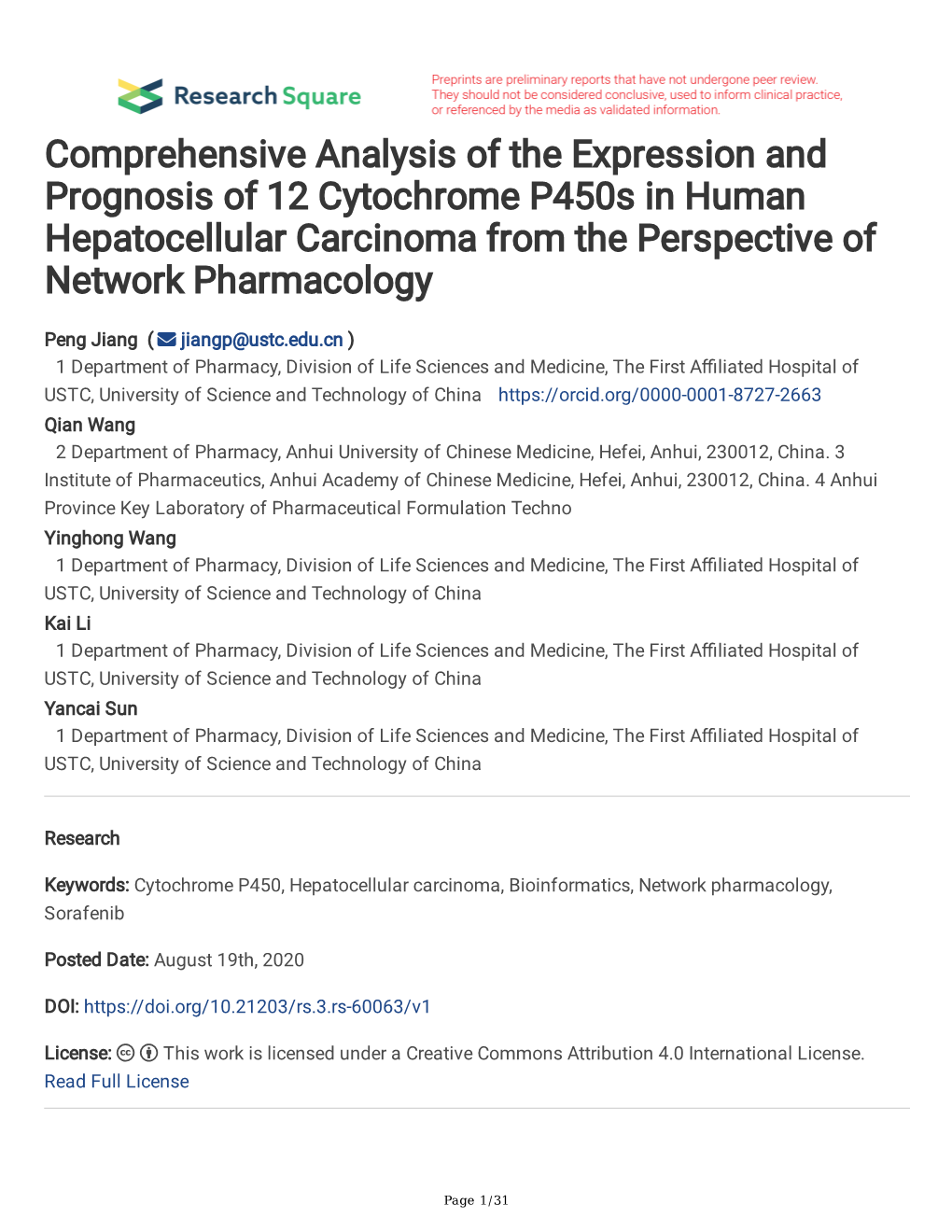 Comprehensive Analysis of the Expression and Prognosis of 12 Cytochrome P450s in Human Hepatocellular Carcinoma from the Perspective of Network Pharmacology