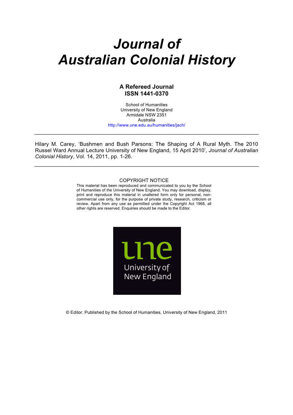 Journal of Australian Colonial History