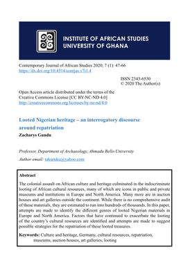 Looted Nigerian Heritage – an Interrogatory Discourse Around Repatriation Zacharys Gundu