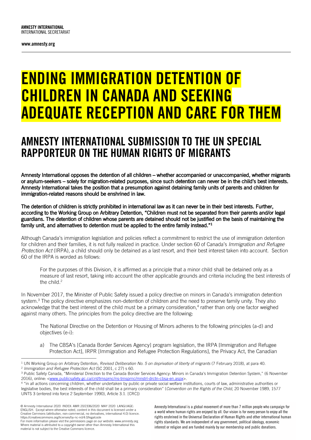 Ending Immigration Detention of Children in Canada and Seeking Adequate Reception and Care for Them