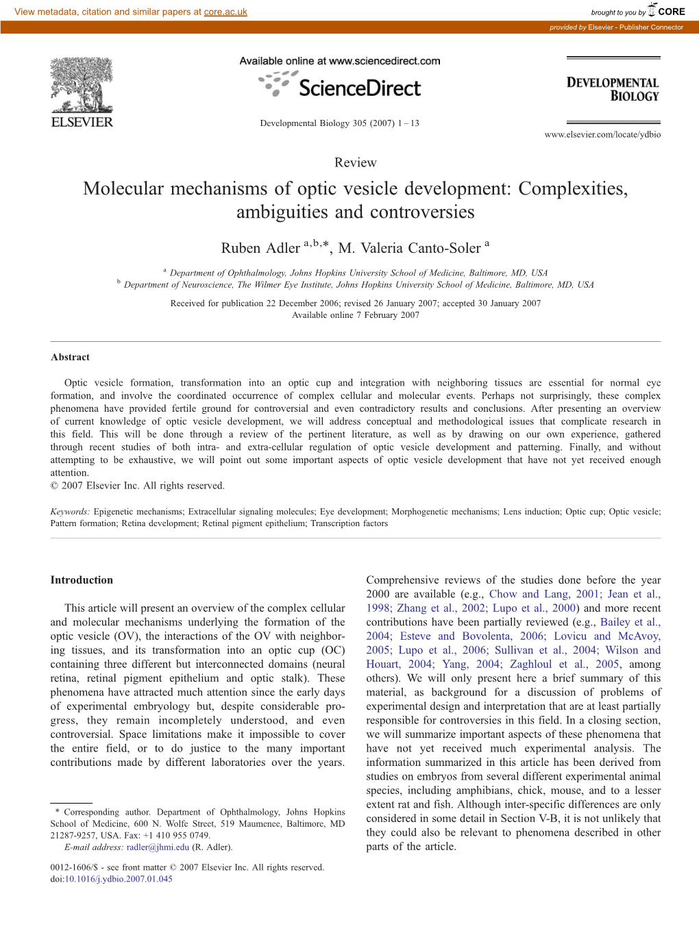Molecular Mechanisms of Optic Vesicle Development: Complexities, Ambiguities and Controversies ⁎ Ruben Adler A,B, , M
