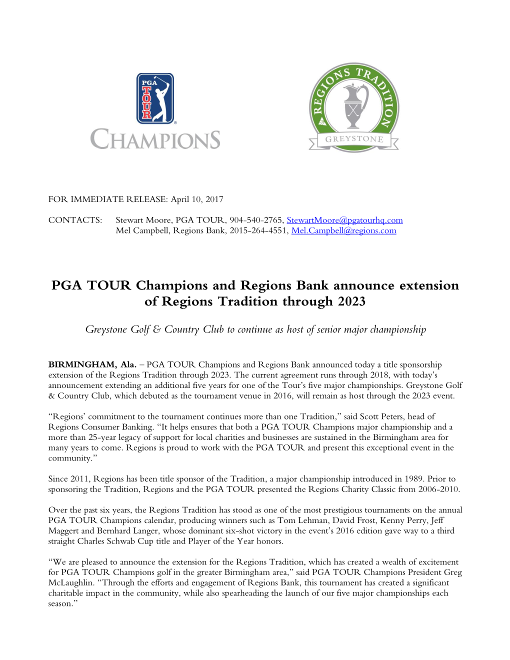 PGA TOUR Champions and Regions Bank Announce Extension of Regions Tradition Through 2023