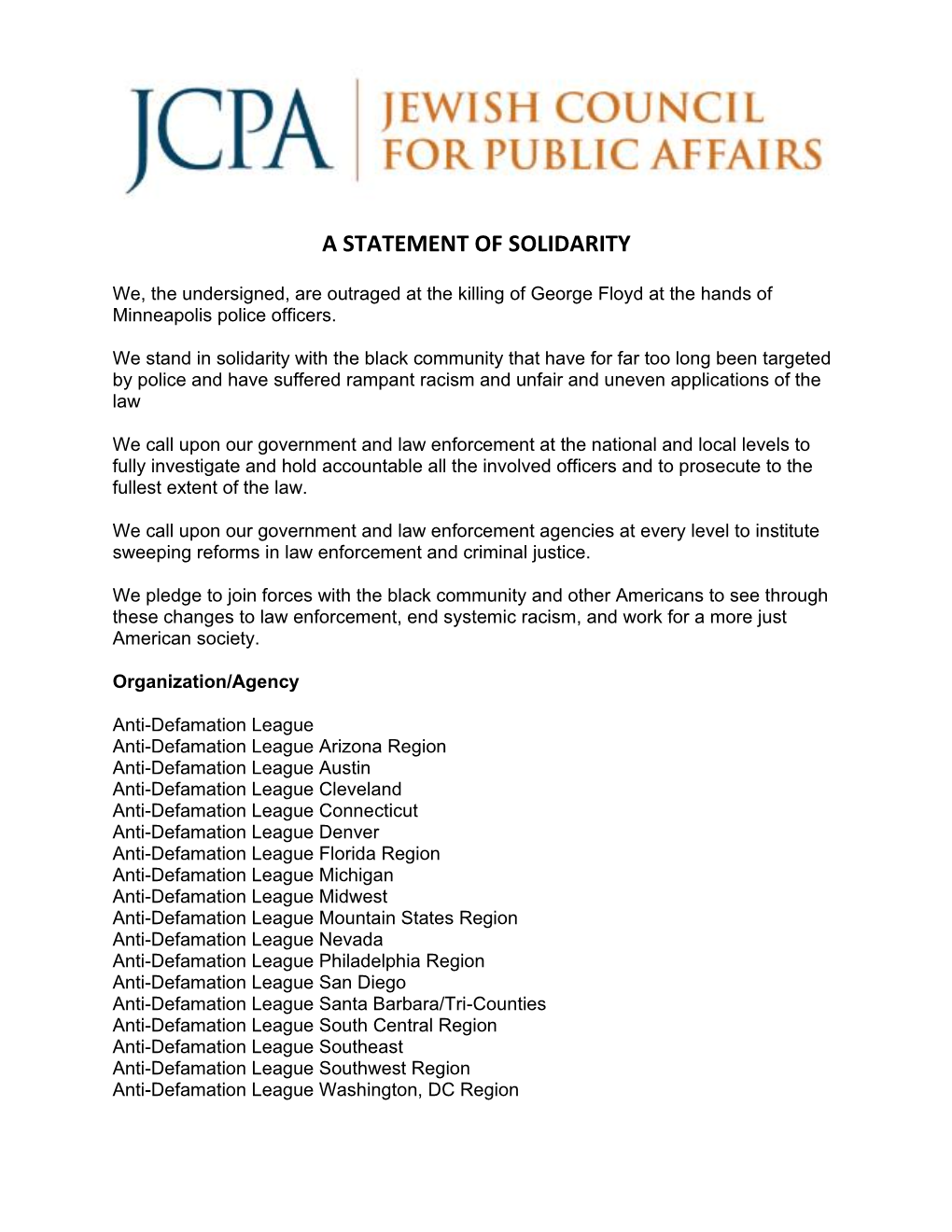 JCPA Statement of Solidarity with the Black Community