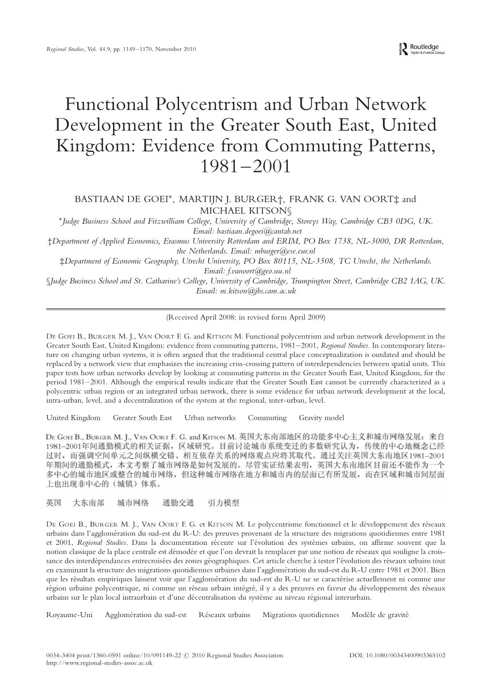 Functional Polycentrism and Urban Network Development in the Greater South East, United Kingdom: Evidence from Commuting Patterns, 1981–2001