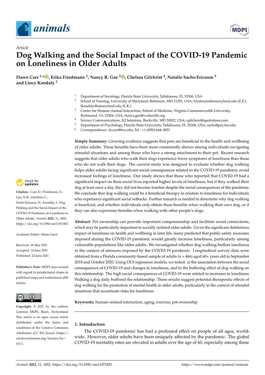 Dog Walking and the Social Impact of the COVID-19 Pandemic on Loneliness in Older Adults