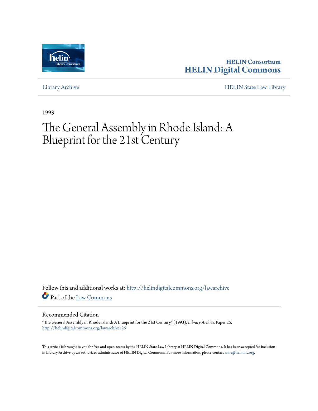 The General Assembly in Rhode Island: a Blueprint for the 21St Century