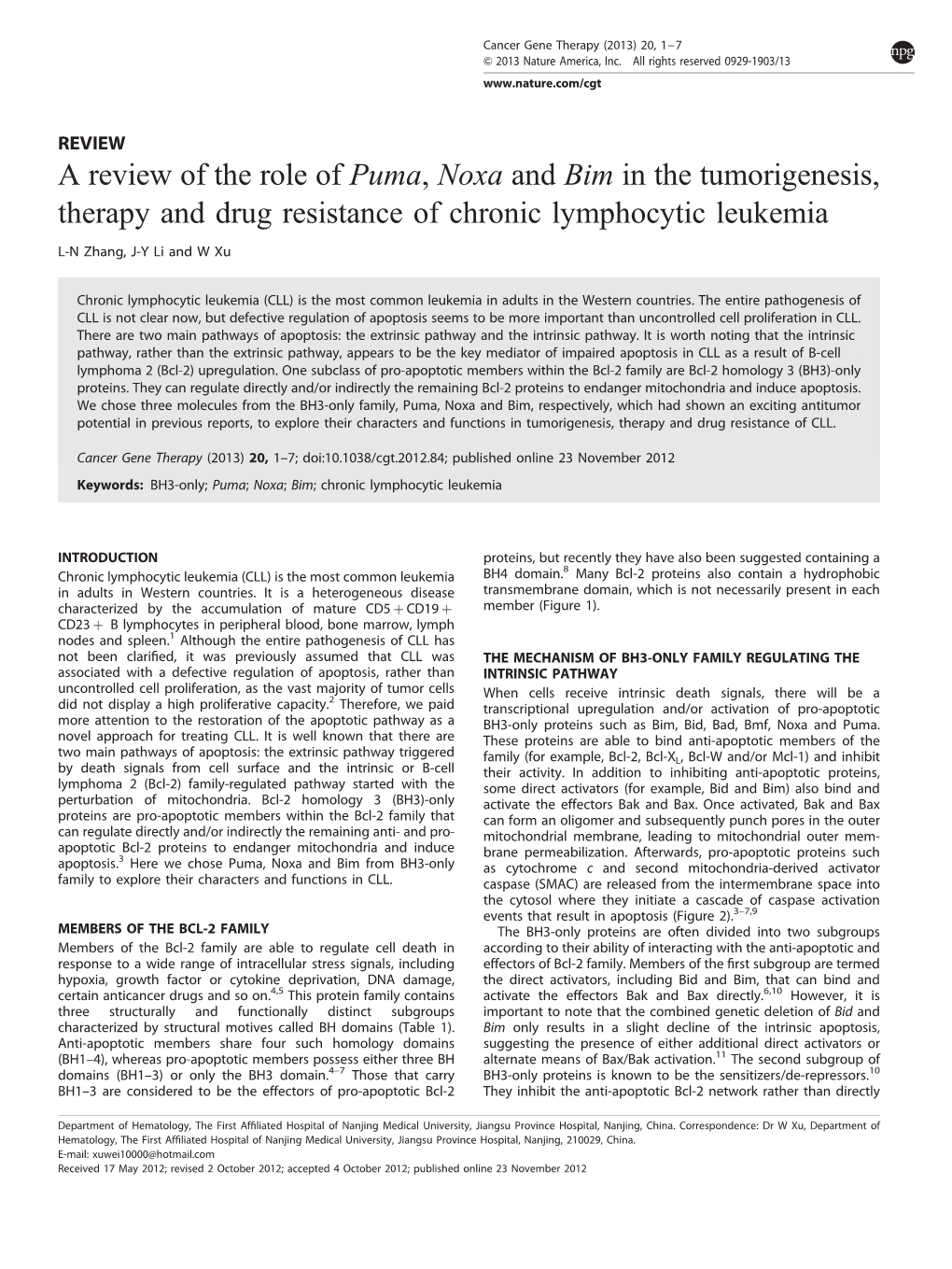 A Review of the Role of Puma, Noxa and Bim in the Tumorigenesis, Therapy and Drug Resistance of Chronic Lymphocytic Leukemia