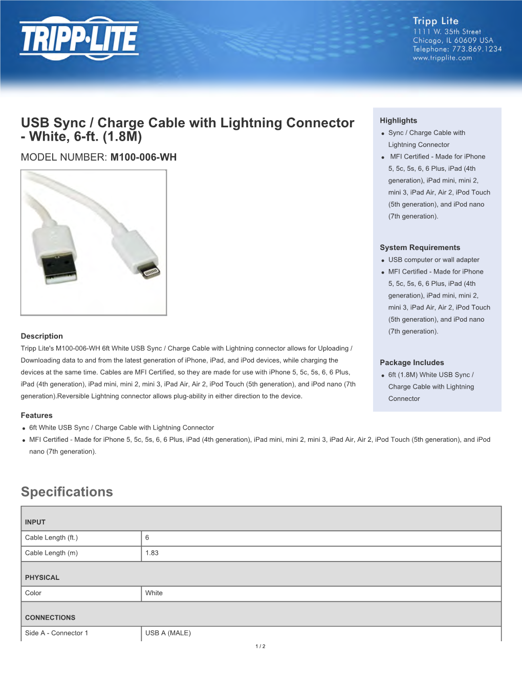 USB Sync / Charge Cable with Lightning Connector Highlights - White, 6-Ft