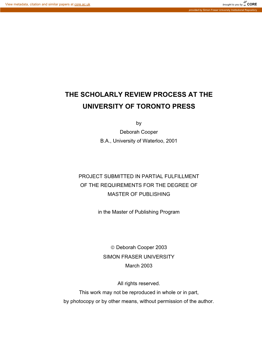The Scholarly Review Process at the University of Toronto Press