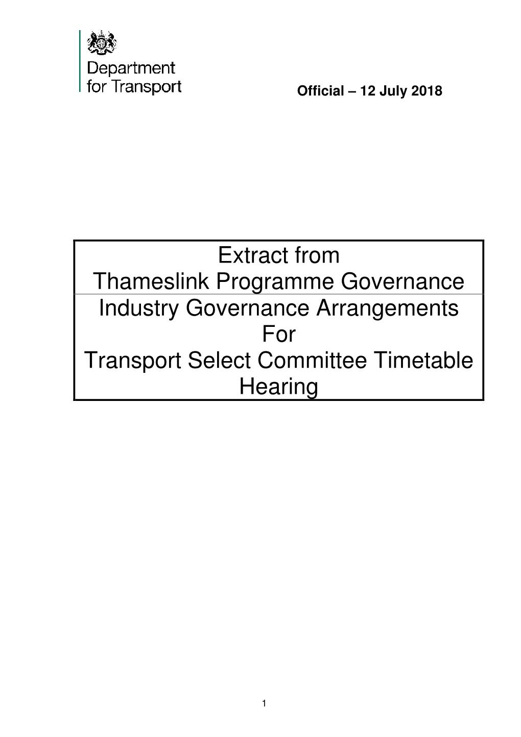 Department for Transport Thameslink Programme Governance Summary 12-7-2018