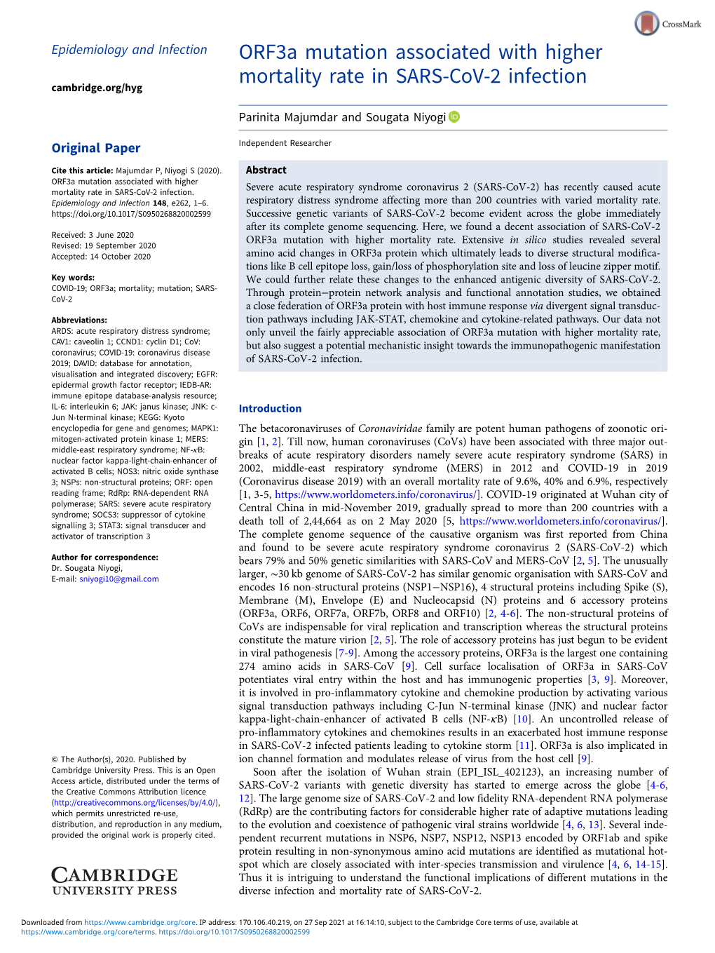 Orf3a Mutation Associated with Higher Mortality Rate in SARS-Cov-2 Infection Cambridge.Org/Hyg