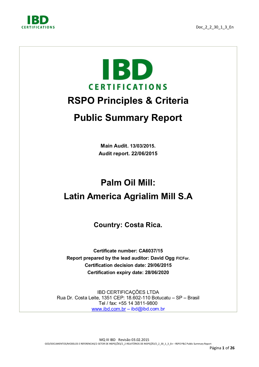 RSPO Principles & Criteria Public Summary Report