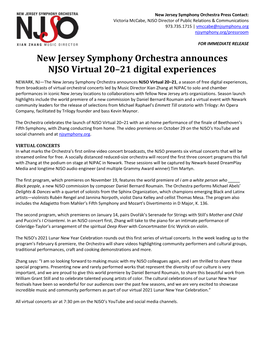 New Jersey Symphony Orchestra Announces NJSO Virtual 20–21 Digital Experiences