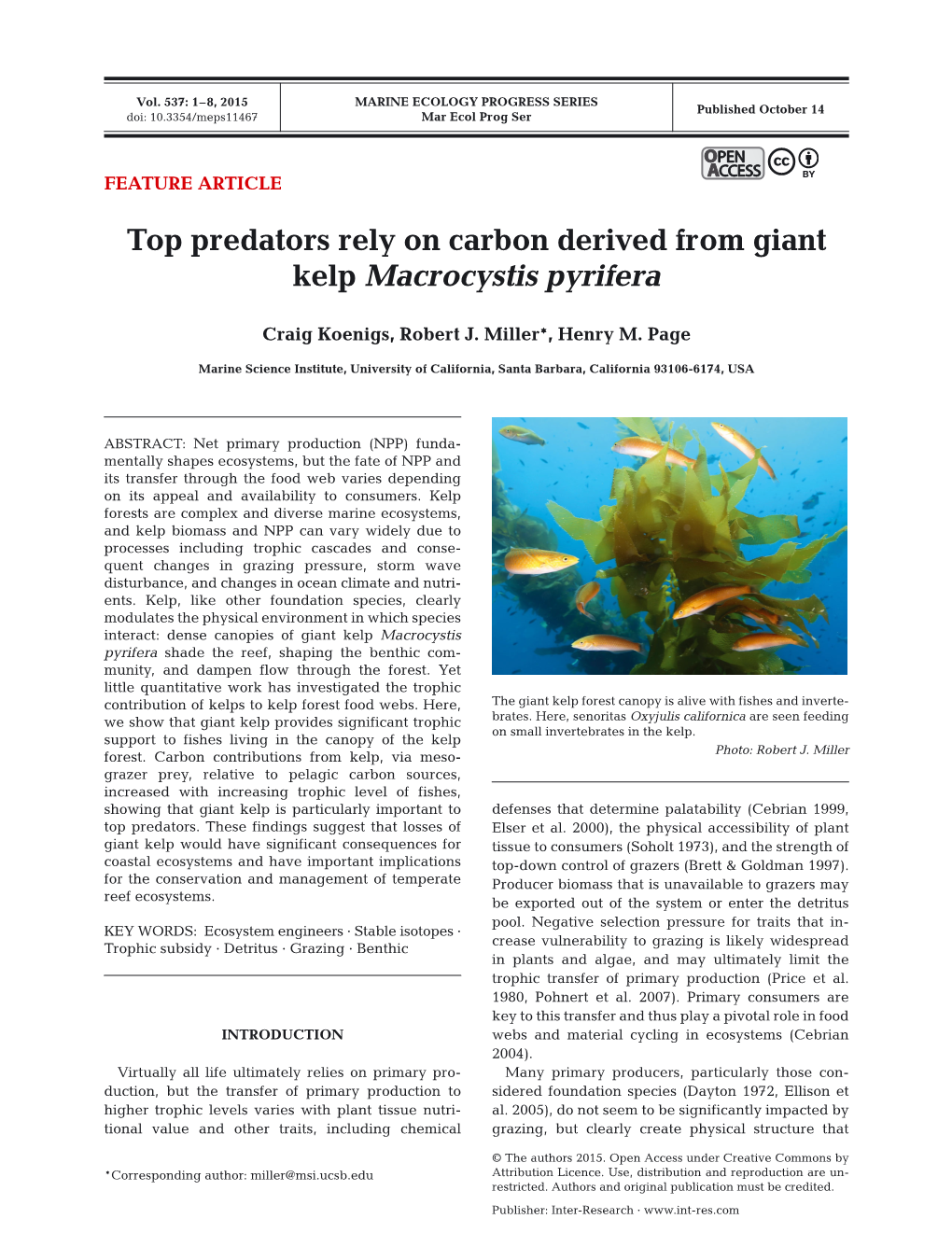 Top Predators Rely on Carbon Derived from Giant Kelp Macrocystis Pyrifera