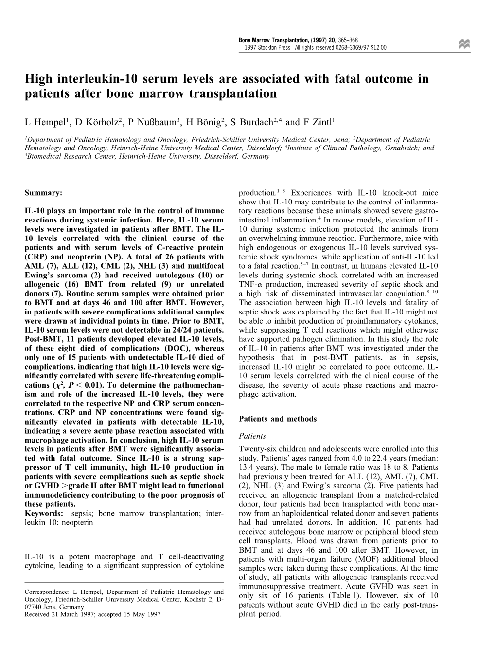 High Interleukin-10 Serum Levels Are Associated with Fatal Outcome in Patients After Bone Marrow Transplantation