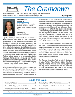 The Cramdown the Newsletter of the Tampa Bay Bankruptcy Bar Association Editor-In-Chief, Jake C