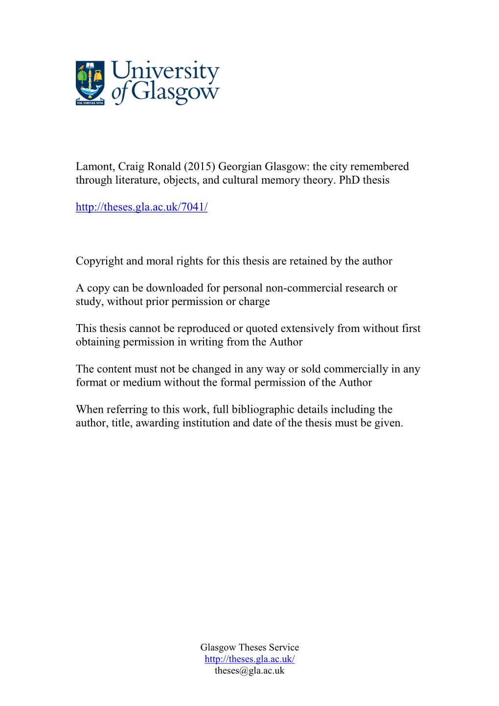 Lamont, Craig Ronald (2015) Georgian Glasgow: the City Remembered Through Literature, Objects, and Cultural Memory Theory