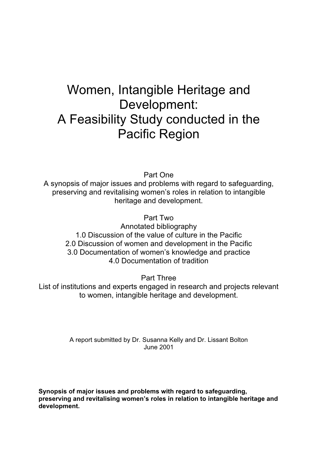 Women, Intangible Heritage and Development: a Feasibility Study Conducted in the Pacific Region