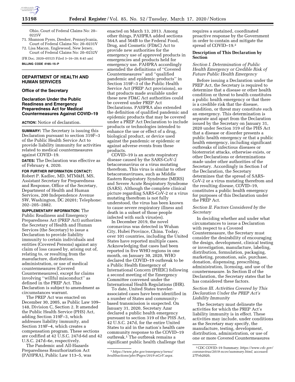 Federal Register/Vol. 85, No. 52/Tuesday, March 17, 2020/Notices