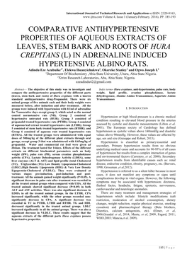 Hura Crepitans (L) in Adrenaline Induced Hypertensive Albino Rats