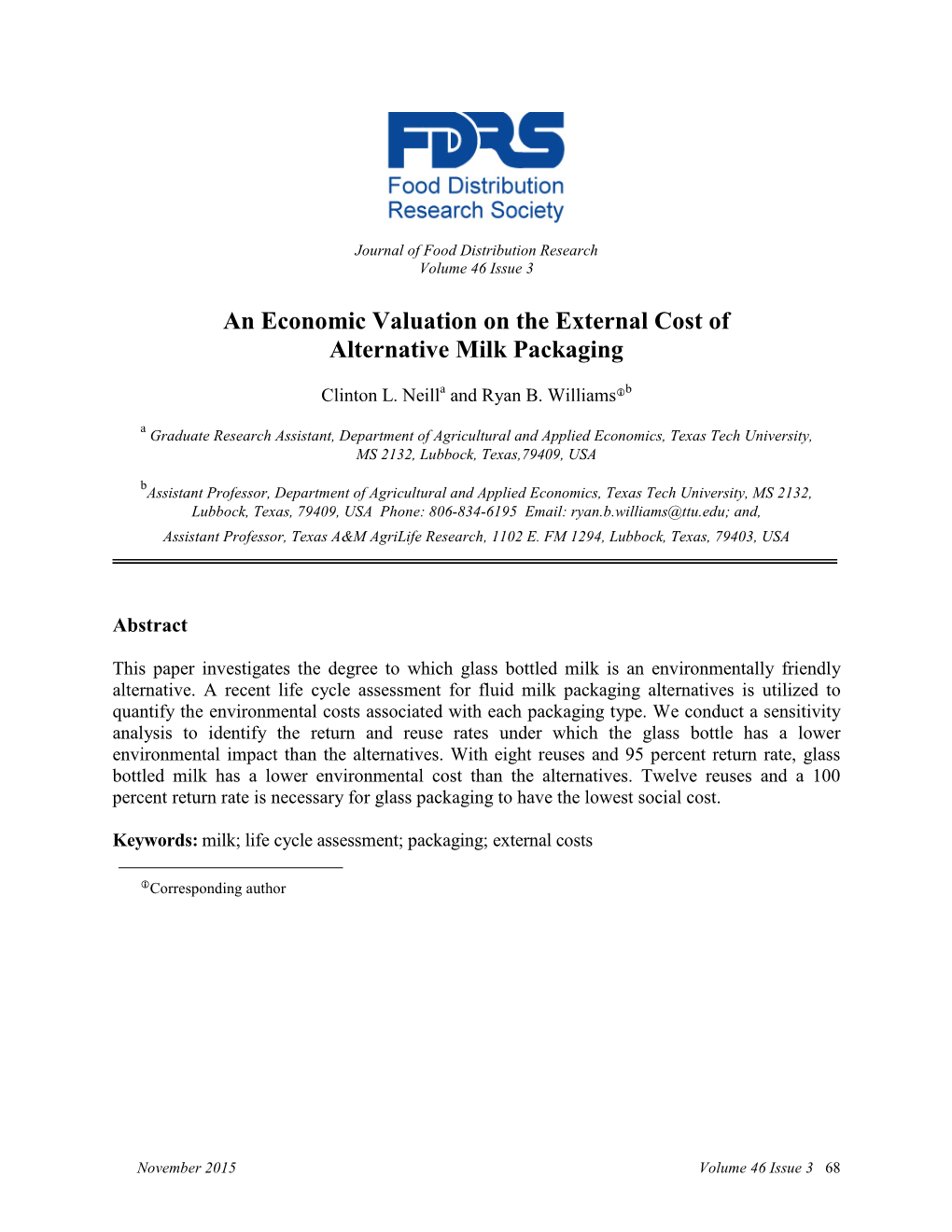 An Economic Valuation on the External Cost of Alternative Milk Packaging