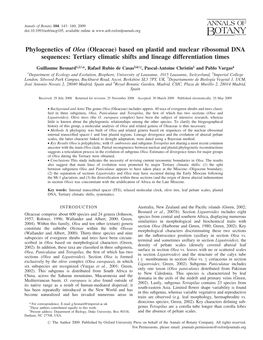 Oleaceae) Based on Plastid and Nuclear Ribosomal DNA Sequences: Tertiary Climatic Shifts and Lineage Differentiation Times