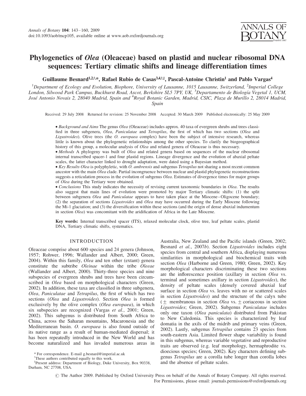 Oleaceae) Based on Plastid and Nuclear Ribosomal DNA Sequences: Tertiary Climatic Shifts and Lineage Differentiation Times