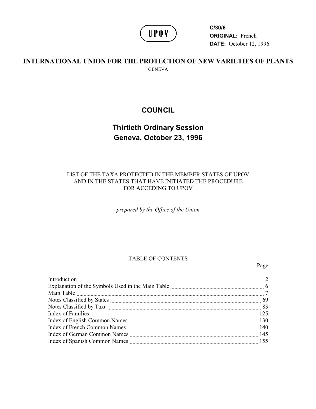 COUNCIL Thirtieth Ordinary Session Geneva, October 23, 1996