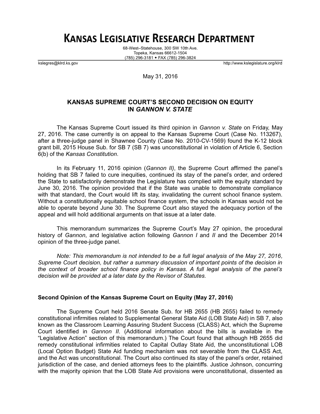 Kansas Supreme Court's Second Decision on Equity