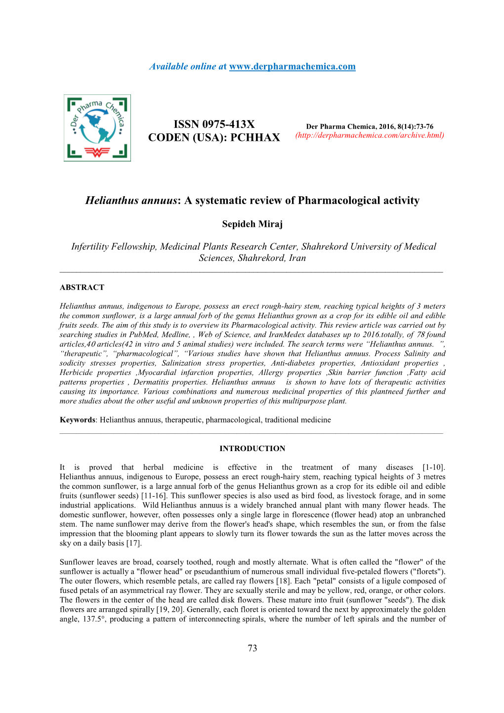 Helianthus Annuus : a Systematic Review of Pharmacological Activity