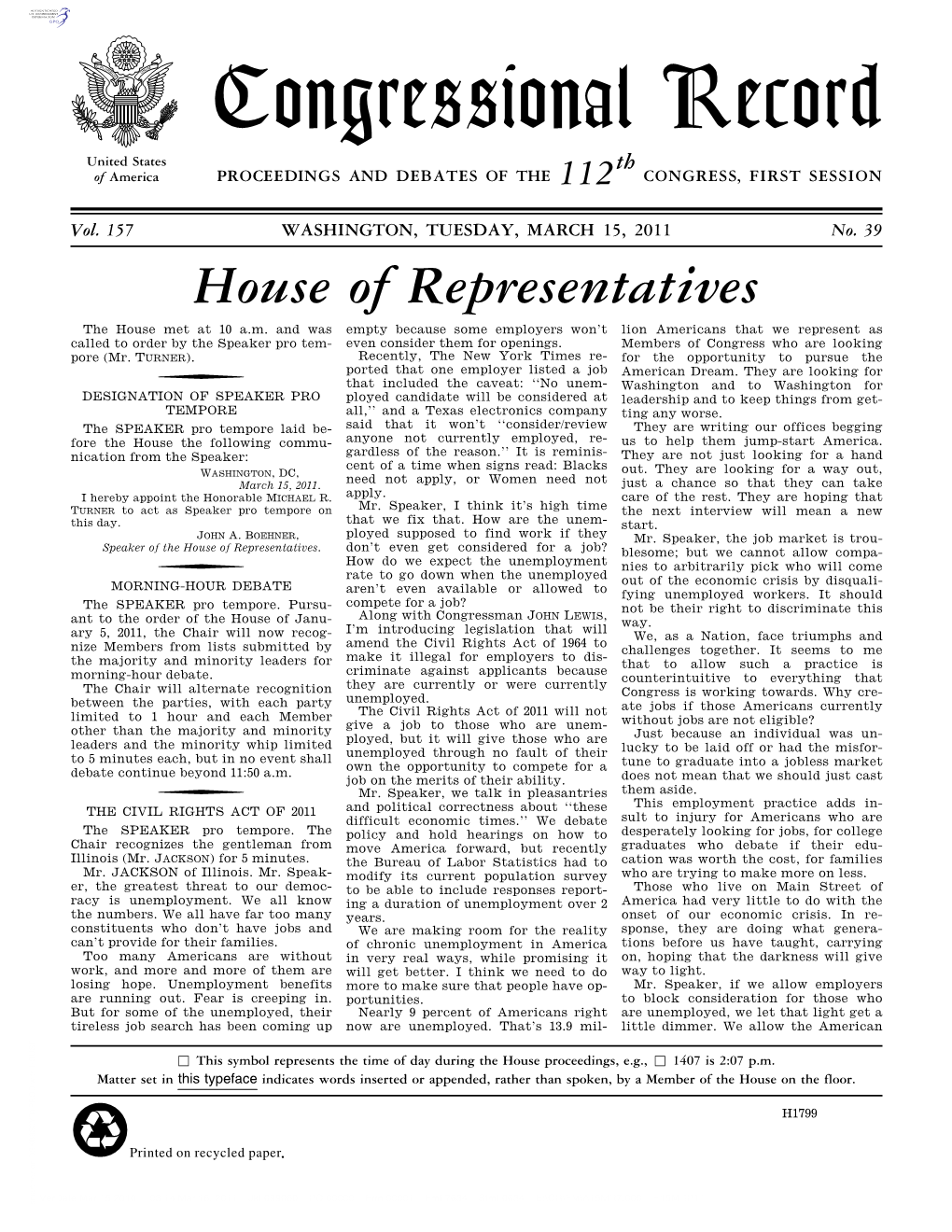 Congressional Record United States Th of America PROCEEDINGS and DEBATES of the 112 CONGRESS, FIRST SESSION