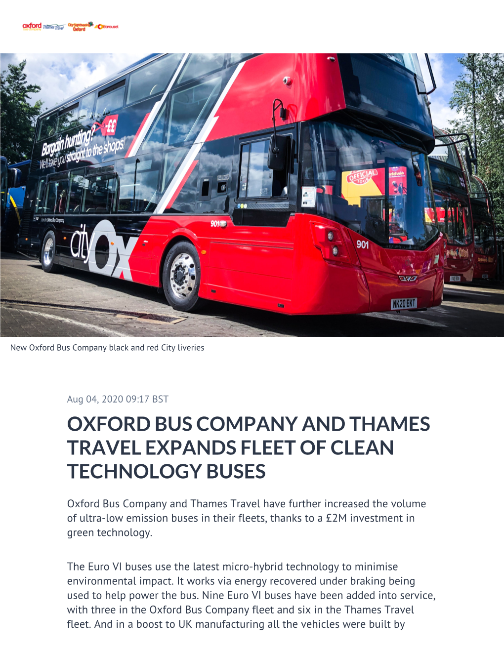 Oxford Bus Company and Thames Travel Expands Fleet of Clean Technology Buses