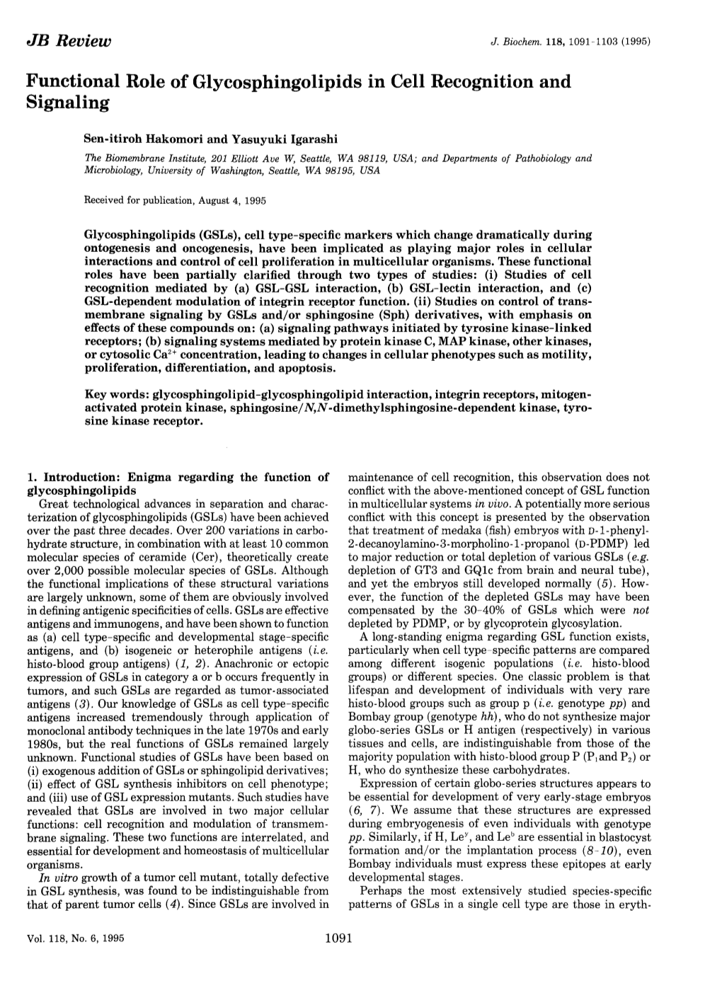 Functional Role of Glycosphingolipids in Cell Recognition and Signaling