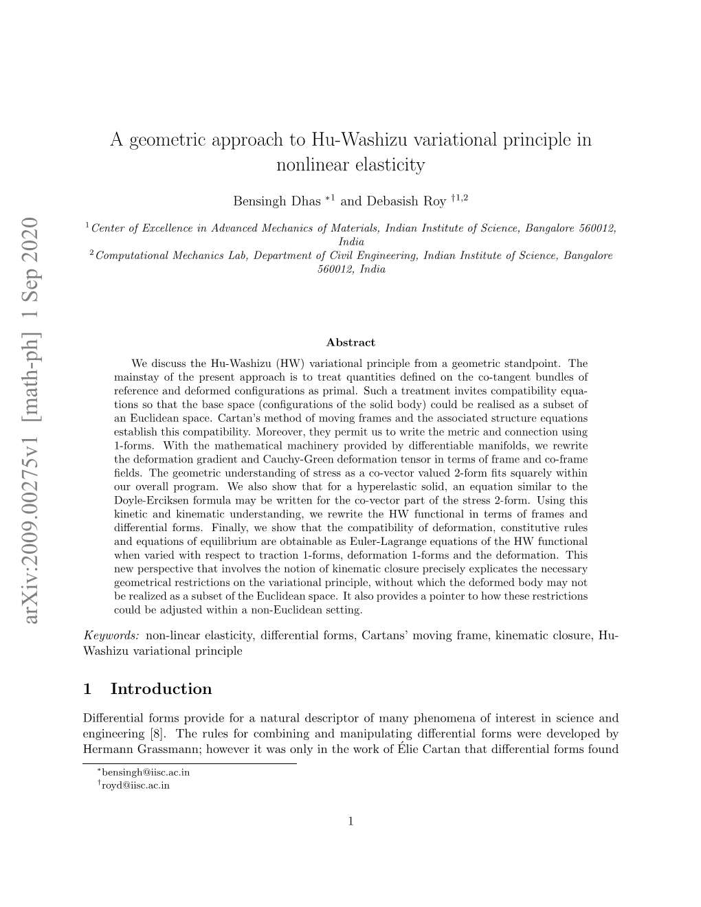 A Geometric Approach to Hu-Washizu Variational Principle in Nonlinear
