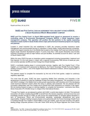 Suez and Five Capital Sign an Agreement for a Majority Stake in Edco, a Saudi Hazardous Waste Management Company