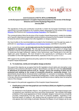 Joint Comments of ECTA, INTA and MARQUES on the European Commission's Inception Impact Assessment on the Review of the Design