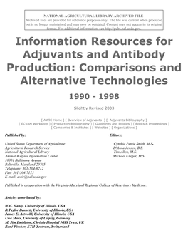 Information Resources for Adjuvants and Antibody Production: Comparisons and Alternative Technologies 1990 - 1998