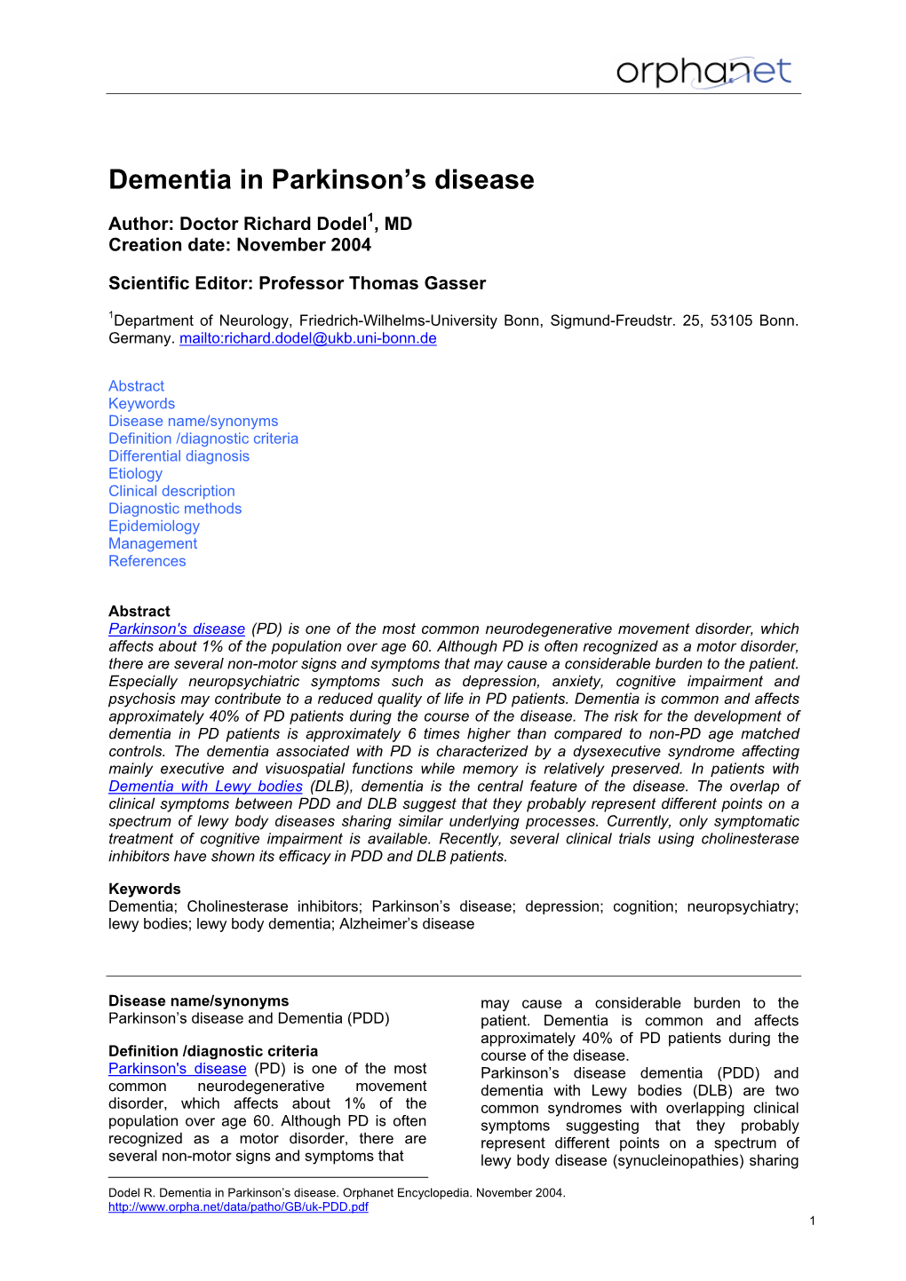 Dementia in Parkinson's Disease, in Handbook of Neuropsychology, F