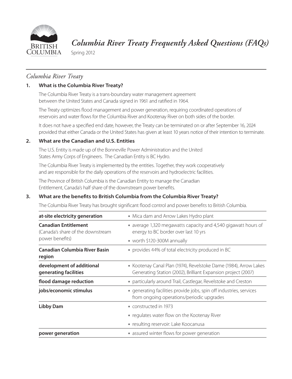 Columbia River Treaty Frequently Asked Questions (Faqs) Spring 2012