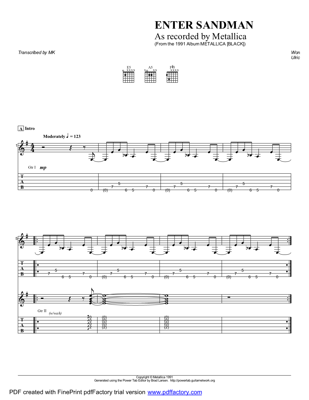 ENTER SANDMAN As Recorded by Metallica (From the 1991 Album METALLICA [BLACK]) Transcribed by MK Words and Music by James Hetfield Ulrich