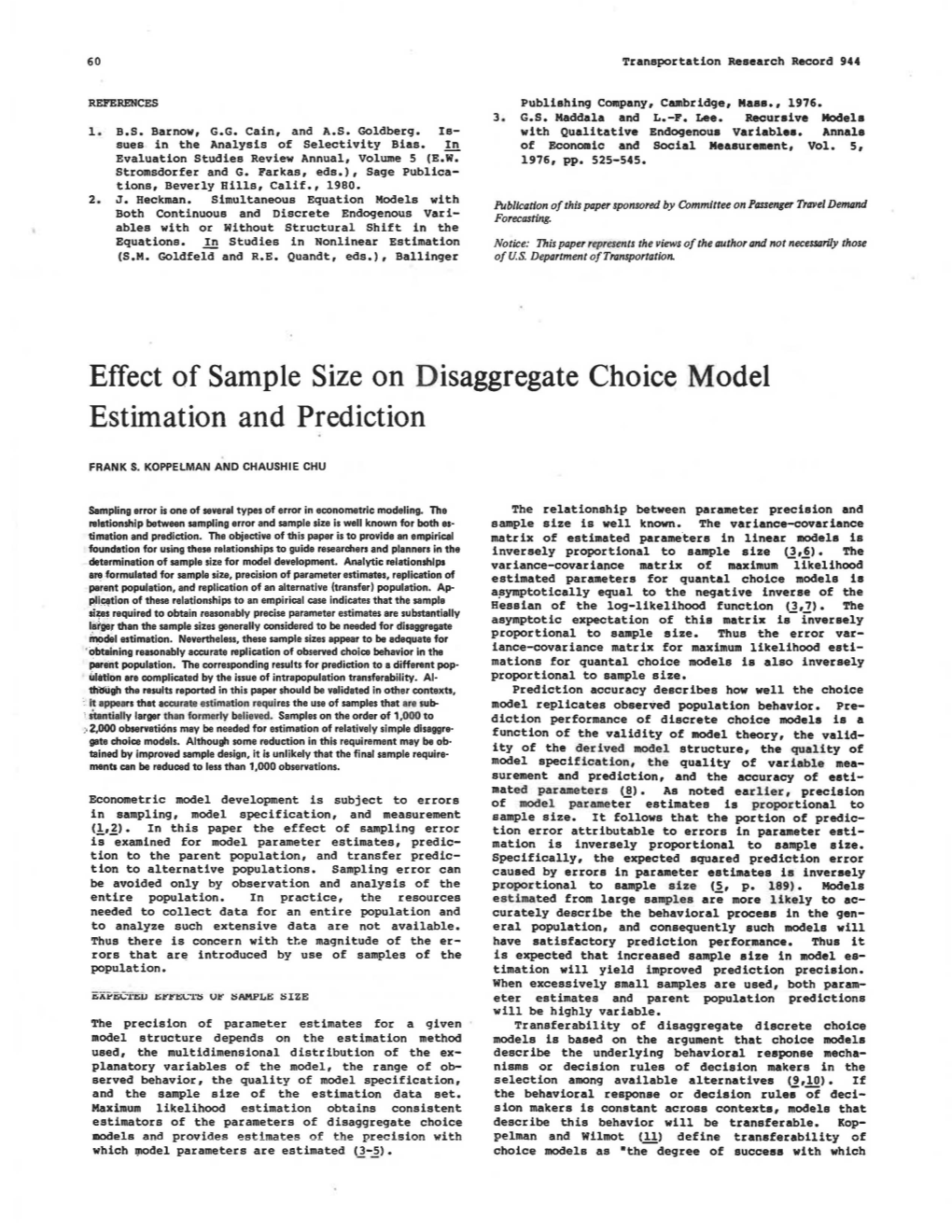 Effect of Sample Size on Disaggregate Choice Model Estimation and Prediction