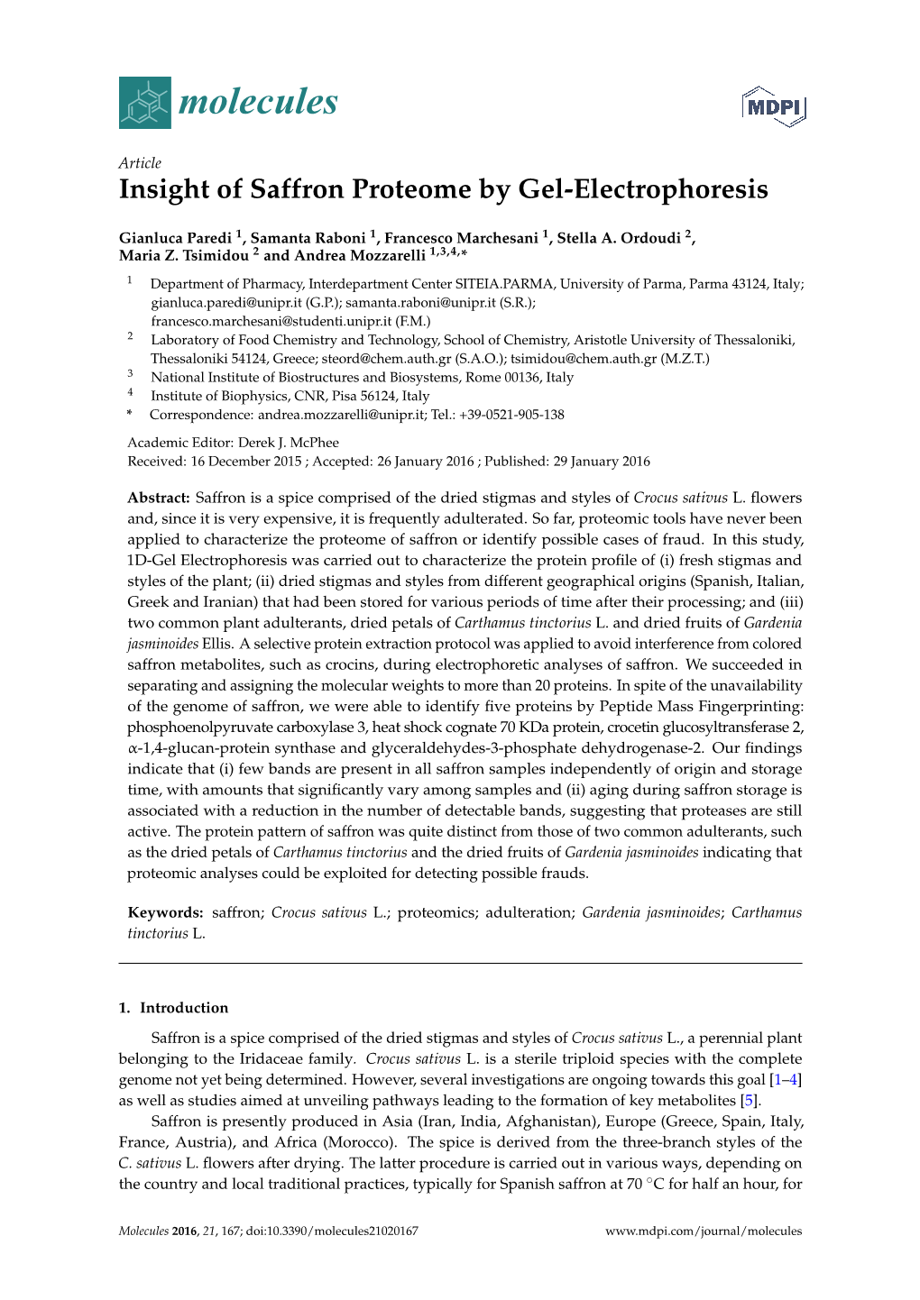 Insight of Saffron Proteome by Gel-Electrophoresis