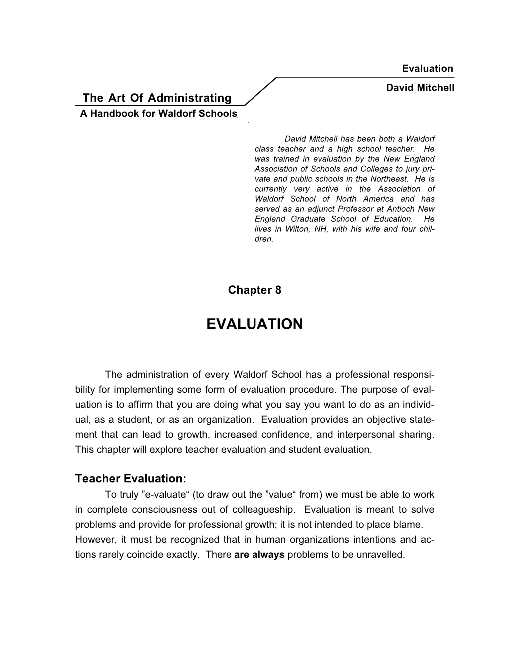 Evaluation David Mitchell the Art of Administrating Ahandbookforwaldorfschools