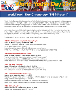 World Youth Day Chronology (1984-Present)