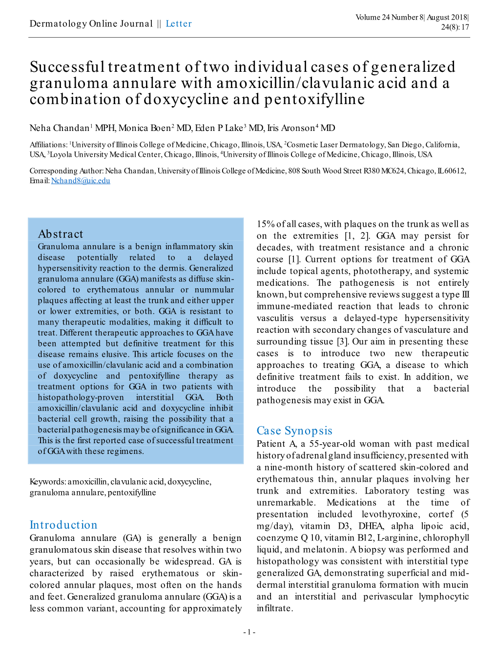Successful Treatment of Two Individual Cases of Generalized Granuloma Annulare with Amoxicillin/Clavulanic Acid and a Combination of Doxycycline and Pentoxifylline