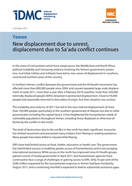 New Displacement Due to Unrest, Displacement Due to Sa'ada Conflict Continues