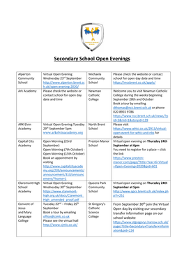 Secondary School Open Evenings