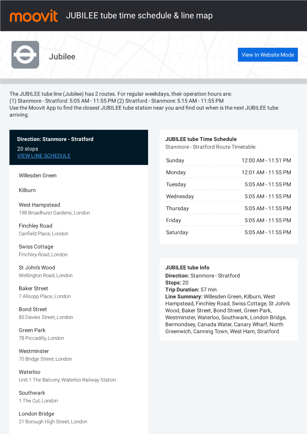 JUBILEE Tube Time Schedule & Line Route